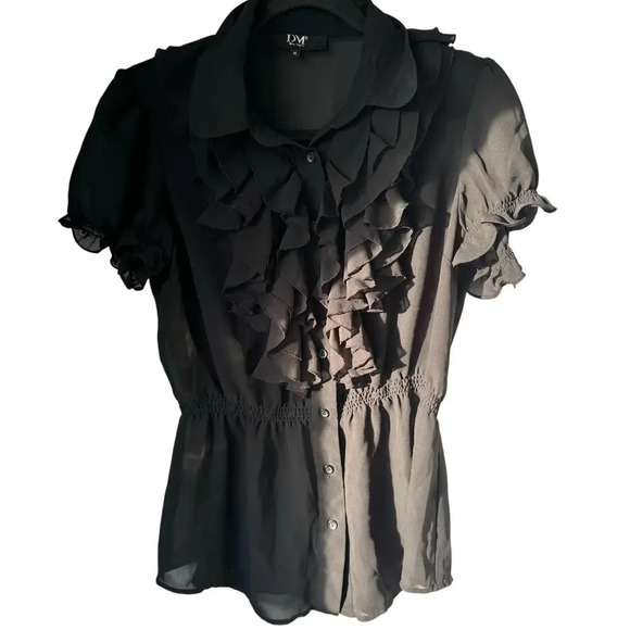 DM New York Black Ruffled Sheer short sleeved blouse size medium - Picture 1 of 7